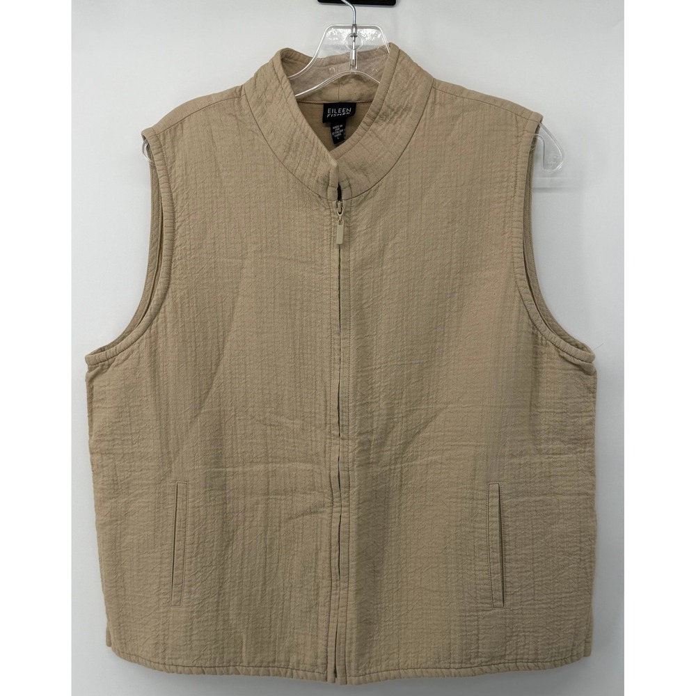 Eileen Fisher Tan Textured Cotton Viscose Zip Front Mock Neck Vest Large USA